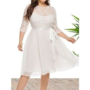 Women's Plus Size Curve Party Dress Lace Dress Sheath Dress Solid Color Midi Dress 34 Length Sleeve Lace up Lace Crew Neck Fashion Wedding White Wine Spring Fall XL XXL 3XL 4XL 5XL Lightinthebox