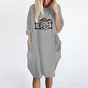 Women's T Shirt Dress Tee Dress Knee Length Dress Blue Yellow Fuchsia Gray Green White Black Long Sleeve Print Spring Summer Round Neck Casual Oversized 2021 S M L XL XXL 3XL 4XL 5XL miniinthebox