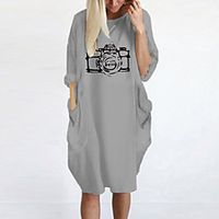 Women's T Shirt Dress Tee Dress Knee Length Dress Blue Yellow Fuchsia Gray Green White Black Long Sleeve Print Spring Summer Round Neck Casual Oversized 2021 S M L XL XXL 3XL 4XL 5XL miniinthebox - thumbnail