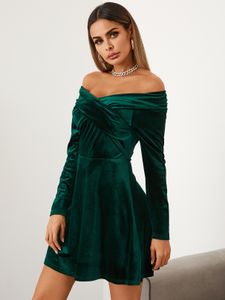 YOINS Velvet Off The Shoulder Crossed Front Dress
