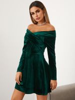 YOINS Velvet Off The Shoulder Crossed Front Dress - thumbnail