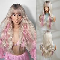 Long Wavy Wig for Women 26 Inch Middle Part Curly Wavy Wig Natural Looking Synthetic Heat Resistant Fiber Wig for Daily Party Cosplay Halloween Use (Blonde with Pink Highlights) miniinthebox