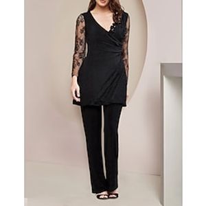 Two Piece Jumpsuit  Pantsuit Mother of the Bride Dress Formal Wedding Guest Plus Size Elegant V Neck Floor Length Lace Stretch Chiffon 34 Length Sleeve with Ruching 2023 Lightinthebox