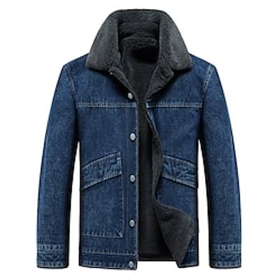 Men's Winter Jacket Fleece Jacket Denim Jacket Outdoor Daily Wear Warm Pocket Fall Winter Plain Fashion Streetwear Lapel Regular Dark Gray Black Blue Jacket Lightinthebox