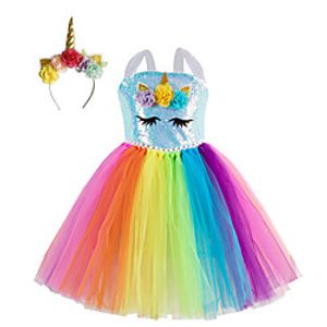 Kids Little Girls' Dress Cartoon Flower Birthday Party Festival Sequins Layered Mesh Rainbow Above Knee Sleeveless Regular Princess Cute Dresses Children's Day Fall Spring  Summer Slim 2-12 Years miniinthebox