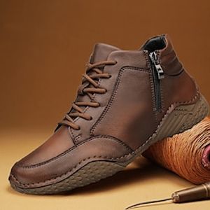 Men's Boots Retro Handmade Shoes Fleece lined Walking Vintage Casual Daily Leather Warm Comfortable Slip Resistant Booties  Ankle Boots Lace-up Black Brown Fall Winter Lightinthebox