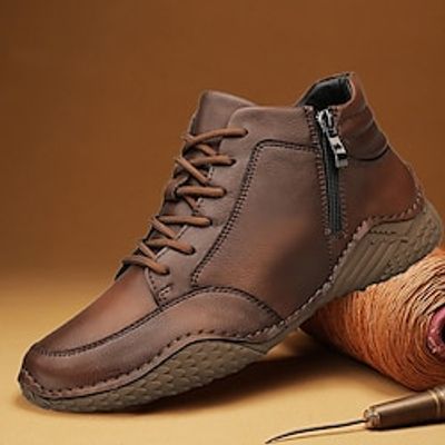 Men's Boots Retro Handmade Shoes Fleece lined Walking Vintage Casual Daily Leather Warm Comfortable Slip Resistant Booties  Ankle Boots Lace-up Black Brown Fall Winter Lightinthebox