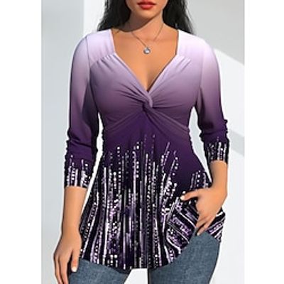Women's Shirt Blouse Graphic Color Gradient Purple Print Dressy Tunic Long Sleeve Casual Fashion V Neck Regular Fit Spring   Fall Lightinthebox