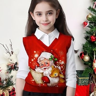 Christmas Girls' 3D Santa Claus Sweater Vest Sleeveless 3D Print Fall Winter Active Fashion Cute Polyester Kids 3-12 Years V Neck Outdoor Casual Daily Regular Fit Lightinthebox