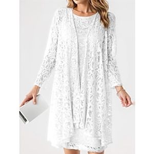 Women's Two Piece Dress Set Casual Dress Lace Dress Office Date Elegant Fashion Lace Midi Dress Crew Neck Long Sleeve Plain Loose Fit White Spring S M L XL XXL Lightinthebox