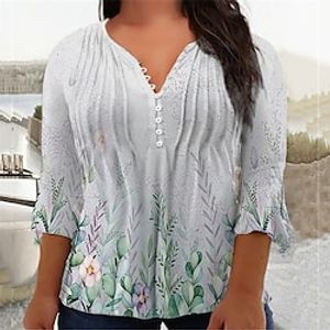 Women's Plus Size Tops Blouse Shirt Floral Button Print 3/4 Length Sleeve V Neck Casual Daily Vacation Cotton Spandex Jersey Winter Fall Green miniinthebox