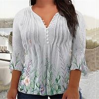 Women's Plus Size Tops Blouse Shirt Floral Button Print 3/4 Length Sleeve V Neck Casual Daily Vacation Cotton Spandex Jersey Winter Fall Green miniinthebox - thumbnail