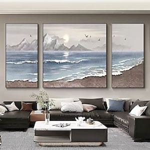 Handmade Oil Painting Hand Painted Horizontal 3 Sets Abstract Sea Landscape Modern Rolled Canvas (No Frame) Lightinthebox