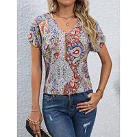 Women's T shirt Tee Paisley Casual Daily Blue Orange Print Short Sleeve Boho Print V Neck Regular Fit Summer Lightinthebox