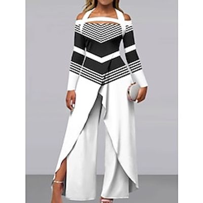 Women's Jumpsuit Print Floral Off Shoulder Elegant Party Holiday Wide Leg Regular Fit Long Sleeve Black White Blue S M L All Seasons Lightinthebox