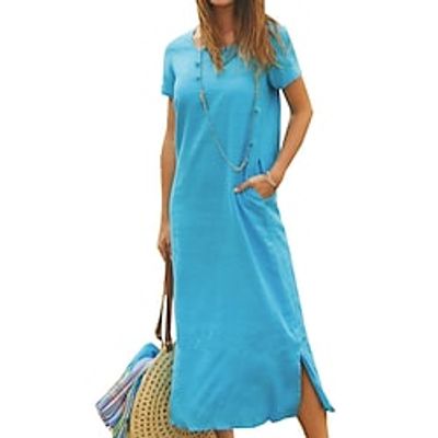 Women's Casual Dress T Shirt Dress Tee Dress Shift Dress Long Dress Maxi Dress Black Blue Dark Blue Short Sleeve Pure Color Split Spring Summer Crew Neck Weekend 2022 S M L XL XXL Lightinthebox