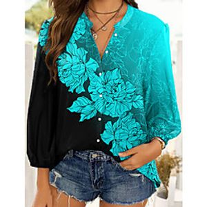 Women's Floral Theme Blouse Shirt Floral Color Block Long Sleeve Button Print Shirt Collar Casual Streetwear Tops Green miniinthebox