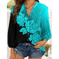 Women's Floral Theme Blouse Shirt Floral Color Block Long Sleeve Button Print Shirt Collar Casual Streetwear Tops Green miniinthebox - thumbnail