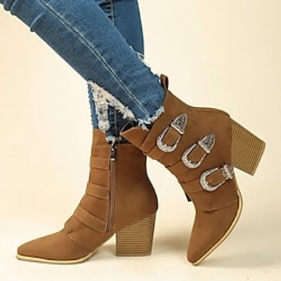 Women's Boots Combat Boots Party Daily Booties Ankle Boots Winter Buckle Chunky Heel Pointed Toe Vintage Fashion Bohemia Faux Suede Zipper Black Brown Lightinthebox