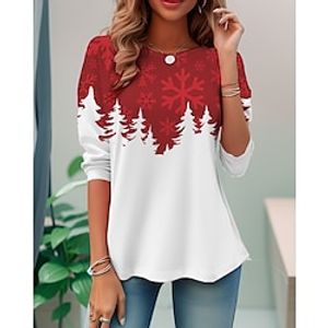 Women's T shirt Tee Christmas Shirt Red Christmas Tree Print Long Sleeve Party Christmas Weekend Festival / Holiday Christmas Round Neck Regular Fit Painting Spring   Fall miniinthebox