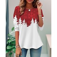 Women's T shirt Tee Christmas Shirt Red Christmas Tree Print Long Sleeve Party Christmas Weekend Festival / Holiday Christmas Round Neck Regular Fit Painting Spring   Fall miniinthebox - thumbnail