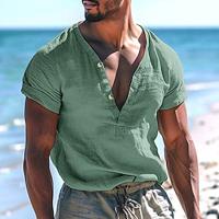 Men's Henley Shirt Short Sleeve Shirt Tee Top Solid Color Henley Outdoor Street Button Clothing Apparel Daily Hawaiian Lightinthebox