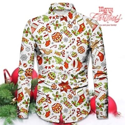 Elk Christmas Tree Casual Men's Shirt Outdoor Christmas Street Fall  Winter Turndown Long Sleeve White Dark Navy Green S M L Shirt Lightinthebox