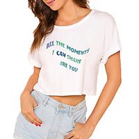 Women's Crop Tshirt Text Print Round Neck Tops Cotton Basic Basic Top White Black Lightinthebox - thumbnail