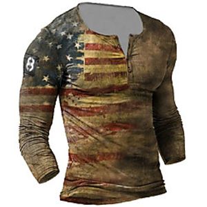 Men's T shirt 3D Print Graphic Prints American Flag Plus Size Henley Casual Daily Button-Down Print Long Sleeve Tops Basic Fashion Vintage Designer Blue Brown miniinthebox