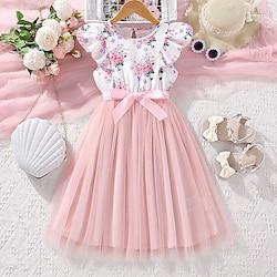 Kids Girls' Dress Floral Flower Sleeveless School Casual Patchwork Fashion Daily Polyester Above Knee Casual Dress Tulle Dress Summer 7-13 Years Pink Lightinthebox