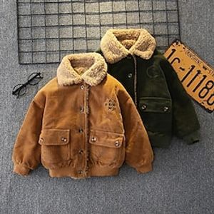 Toddler Boys Coat Outerwear Solid Color Letter Long Sleeve Button Coat Outdoor Cool Daily caramel colour Yellow Dark Green Winter 3-7 Years Lightinthebox