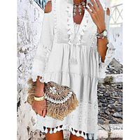 Women's Shift Dress Short Mini Dress Blue Yellow Blushing Pink White Beige 3/4 Length Sleeve Solid Color Tassel Fringe Lace Cold Shoulder Spring Summer V Neck Hot Casual Boho Holiday Beach vacation miniinthebox - thumbnail