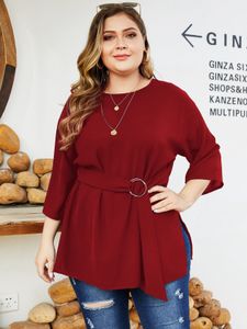 YOINS Plus Size Slit Design Belt Design 3/4 Length Sleeves Blouse