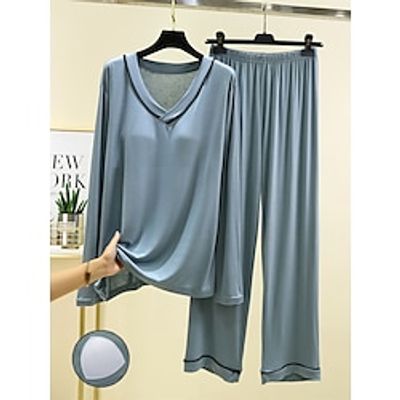 Women's Light Blue Pajamas Sets with Chest Pads Patchwork Casual Comfort Home Bed Modal Breathable V Wire Long Sleeve Shirt Pant Fall Winter Pink Blue Lightinthebox
