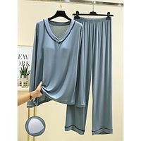 Women's Light Blue Pajamas Sets with Chest Pads Patchwork Casual Comfort Home Bed Modal Breathable V Wire Long Sleeve Shirt Pant Fall Winter Pink Blue Lightinthebox - thumbnail