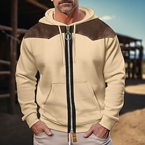 Men's Hoodie Full Zip Hoodie Black White Army Green Khaki Hooded Color Block Patchwork Sports  Outdoor Daily Holiday Cool Casual Western Aztec Spring   Fall Clothing Apparel Hoodies Sweatshirts  miniinthebox