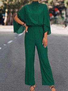 Solid Color Slit Sleeve Stand Collar Jumpsuit