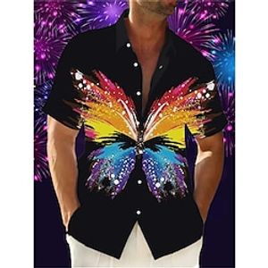 Men's Shirt Summer Hawaiian Shirt Butterfly Graphic Prints Turndown Black Outdoor Street Short Sleeves Button-Down Print Clothing Apparel Linen Sports Fashion Streetwear Designer miniinthebox