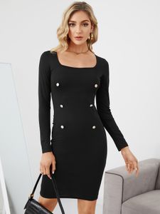 Front Button Square Neck Long Sleeves Midi Dress