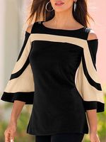 Round Neck Backless Striped Three-Quarter Sleeve Long Sleeve T-Shirts - thumbnail