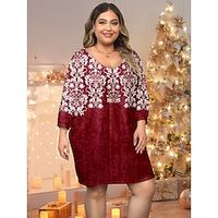 Women's Plus Size Curve Casual Dress A Line Dress Floral Dress Floral Mini Dress Long Sleeve Print V Neck Fashion Outdoor Yellow Red Fall Winter S M L XL XXL Lightinthebox - thumbnail