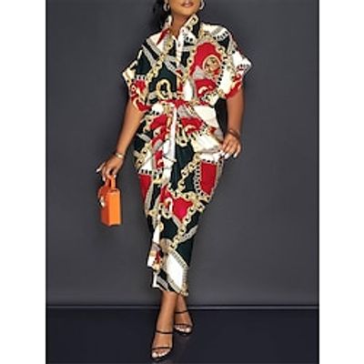 Women's Casual Dress Sheath Dress Leopard Color Block Print Lace up Shirt Collar Long Dress Maxi Dress Streetwear Maxi Street Holiday Half Sleeve Regular Fit Red Blue Brown Summer S M L XL 2XL Lightinthebox