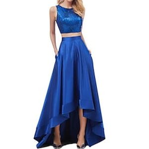 Two Piece A-Line Prom Dresses Vintage Dress Party Wear Asymmetrical Sleeveless Jewel Neck Satin Backless with Sequin 2023 Lightinthebox