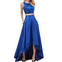 Two Piece A-Line Prom Dresses Vintage Dress Party Wear Asymmetrical Sleeveless Jewel Neck Satin Backless with Sequin 2023 Lightinthebox - thumbnail