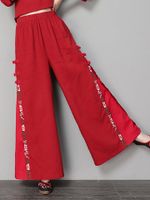 Folk Style Embroidery Stitching Elastic Waist Pants