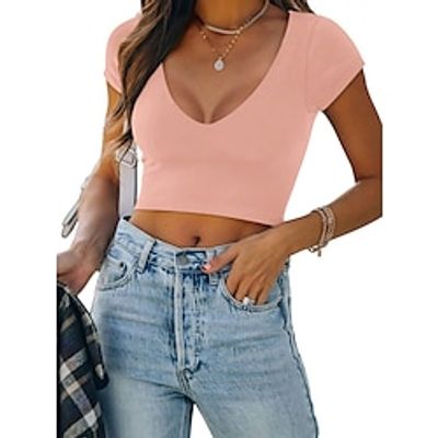 Women's T shirt Tee Crop Tshirt Plain Black White Pink Button Short Sleeve Casual Fashion V Neck Regular Fit Summer Lightinthebox