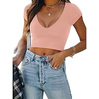 Women's T shirt Tee Crop Tshirt Plain Black White Pink Button Short Sleeve Casual Fashion V Neck Regular Fit Summer Lightinthebox - thumbnail