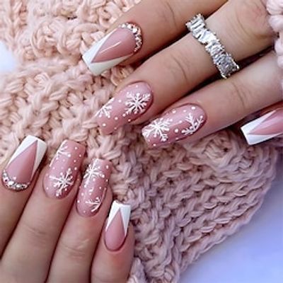 24 Pcs Christmas Press on Nails Medium Long Coffin Fake Nails Pink with White French Tips Snowflake Pattern Rhinestone Stick on Nails Designs Acrylic Artificial Holiday Manicure Nails Lightinthebox