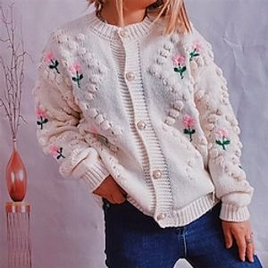 Women's Cardigan Sweater Jumper Cable Knit Knitted Floral Crew Neck Stylish Casual Daily Holiday Fall Winter Red Beige S M L  Long Sleeve Lightinthebox