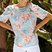 Women's T shirt Tee Floral Casual Holiday Blue Print Short Sleeve Fashion Round Neck Regular Fit Summer Lightinthebox